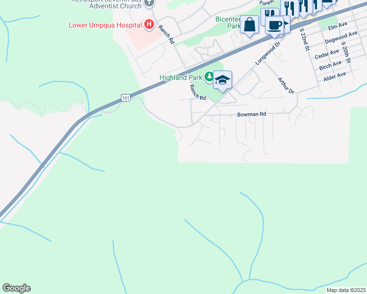 map of restaurants, bars, coffee shops, grocery stores, and more near 3100 Longwood Drive in Reedsport