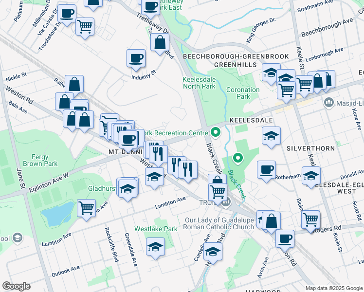 map of restaurants, bars, coffee shops, grocery stores, and more near 3501 Eglinton Avenue West in Mississauga