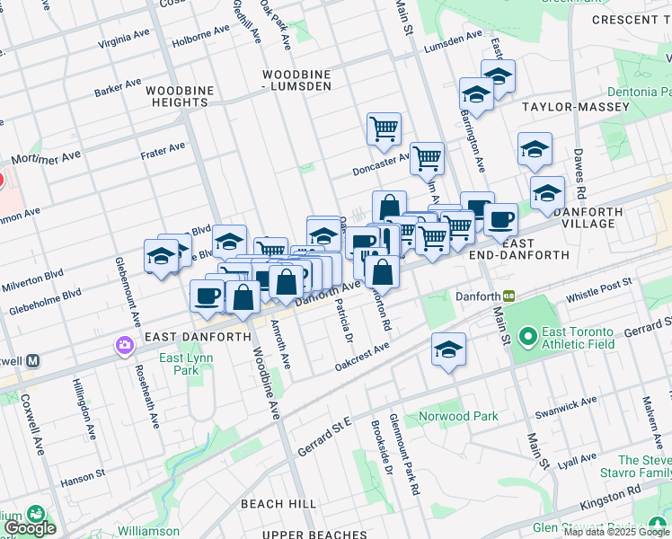 map of restaurants, bars, coffee shops, grocery stores, and more near 13 Gledhill Avenue in Toronto