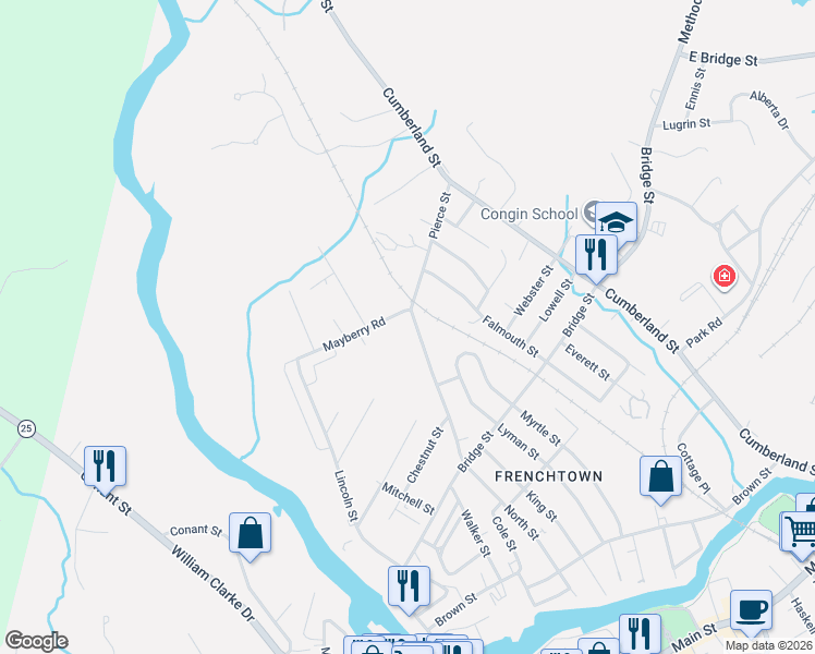 map of restaurants, bars, coffee shops, grocery stores, and more near 113 Pierce Street in Westbrook
