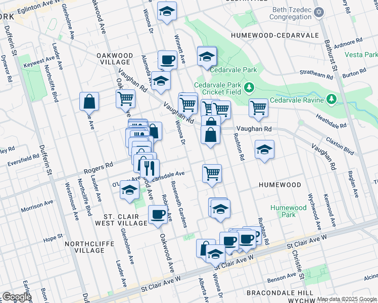 map of restaurants, bars, coffee shops, grocery stores, and more near in Toronto