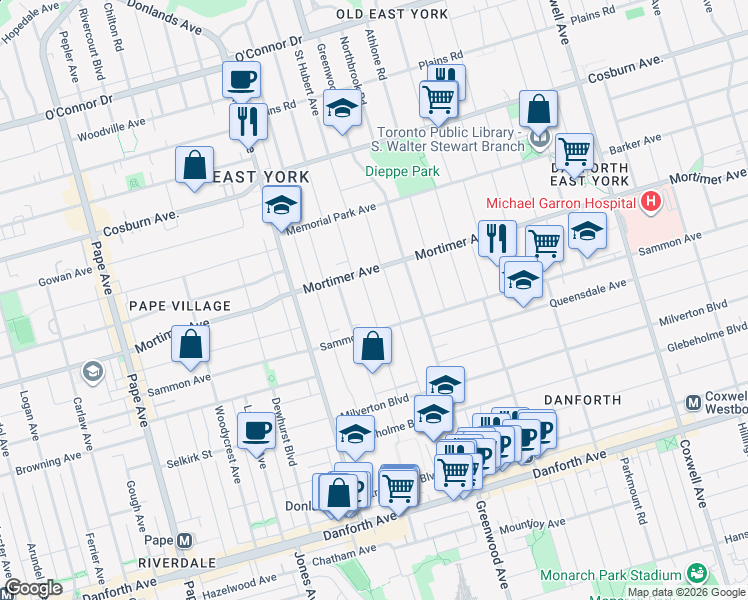 map of restaurants, bars, coffee shops, grocery stores, and more near 67 Inwood Avenue in Toronto