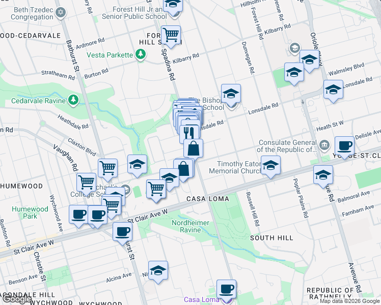 map of restaurants, bars, coffee shops, grocery stores, and more near 380 Spadina Road in Toronto