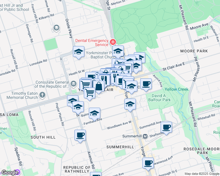 map of restaurants, bars, coffee shops, grocery stores, and more near 49 Saint Clair Avenue West in Toronto