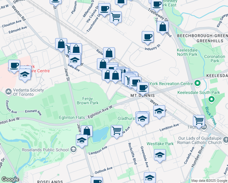 map of restaurants, bars, coffee shops, grocery stores, and more near 16 Glenvalley Drive in Toronto