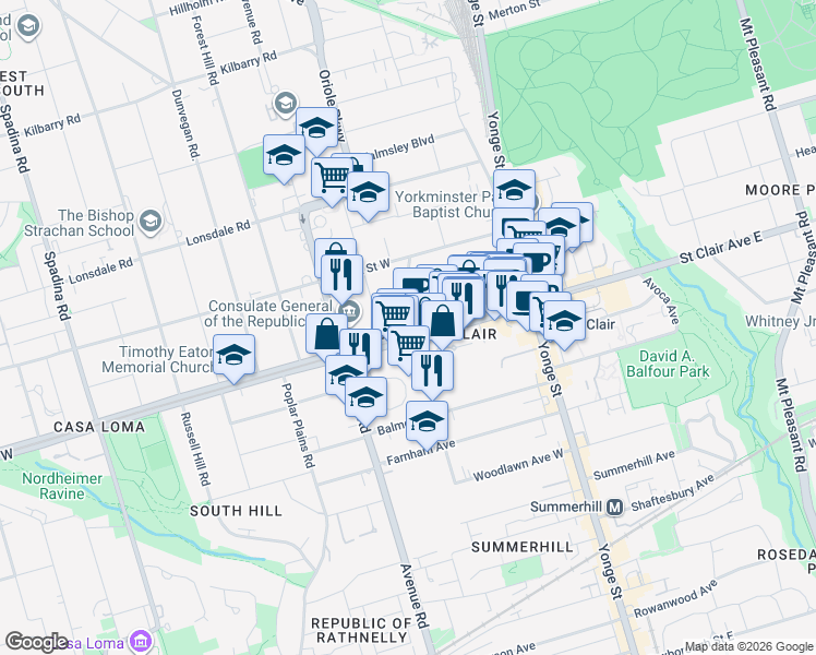 map of restaurants, bars, coffee shops, grocery stores, and more near 110 Saint Clair Avenue West in Toronto