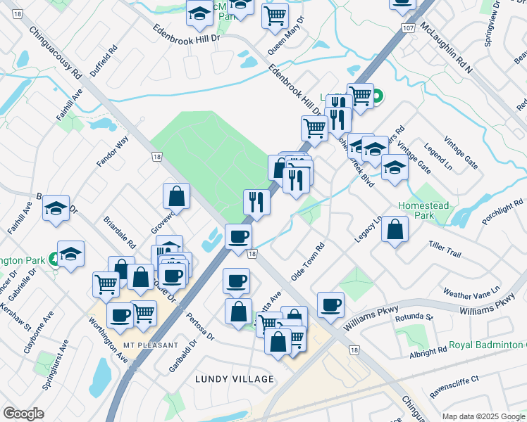map of restaurants, bars, coffee shops, grocery stores, and more near 955 Peel Regional Road 107 in Brampton