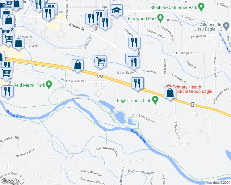 map of restaurants, bars, coffee shops, grocery stores, and more near 1290 East Lone Creek Drive in Eagle