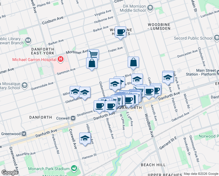 map of restaurants, bars, coffee shops, grocery stores, and more near 542 Glebeholme Boulevard in Toronto