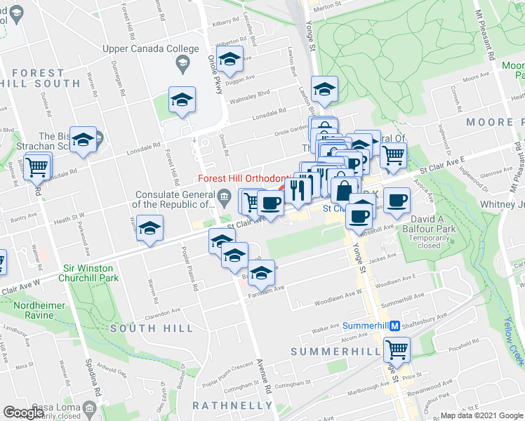 map of restaurants, bars, coffee shops, grocery stores, and more near in Toronto