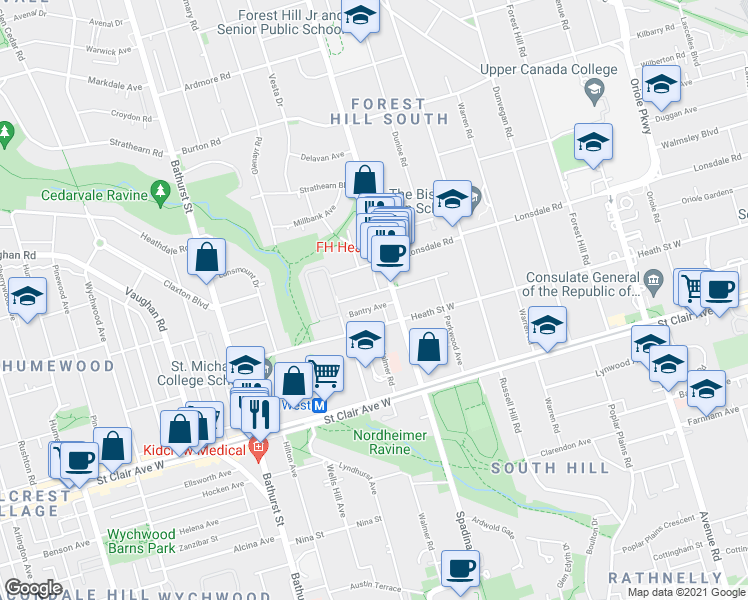map of restaurants, bars, coffee shops, grocery stores, and more near in Toronto