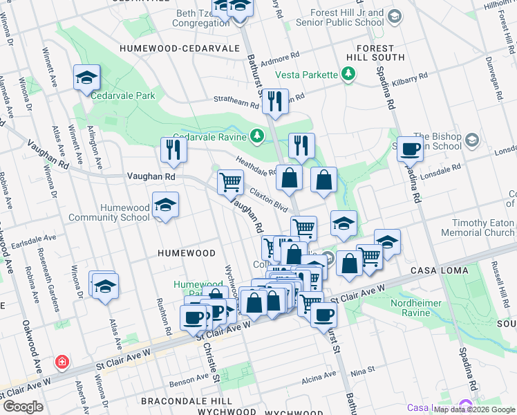 map of restaurants, bars, coffee shops, grocery stores, and more near in Toronto