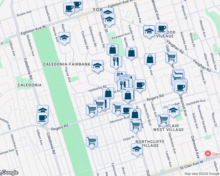 map of restaurants, bars, coffee shops, grocery stores, and more near in Toronto