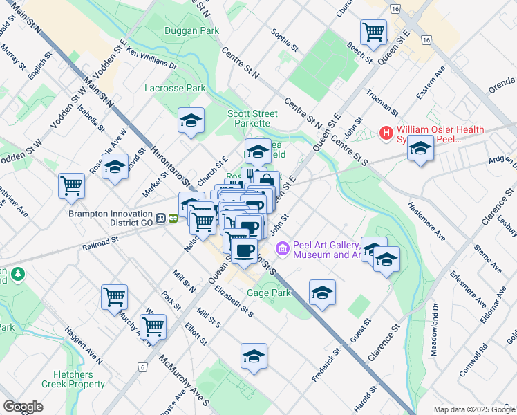 map of restaurants, bars, coffee shops, grocery stores, and more near in Brampton