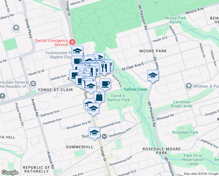 map of restaurants, bars, coffee shops, grocery stores, and more near 70 Rosehill Avenue in Toronto