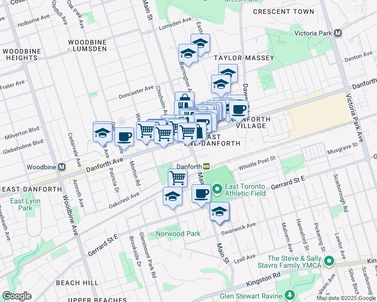 map of restaurants, bars, coffee shops, grocery stores, and more near in Toronto