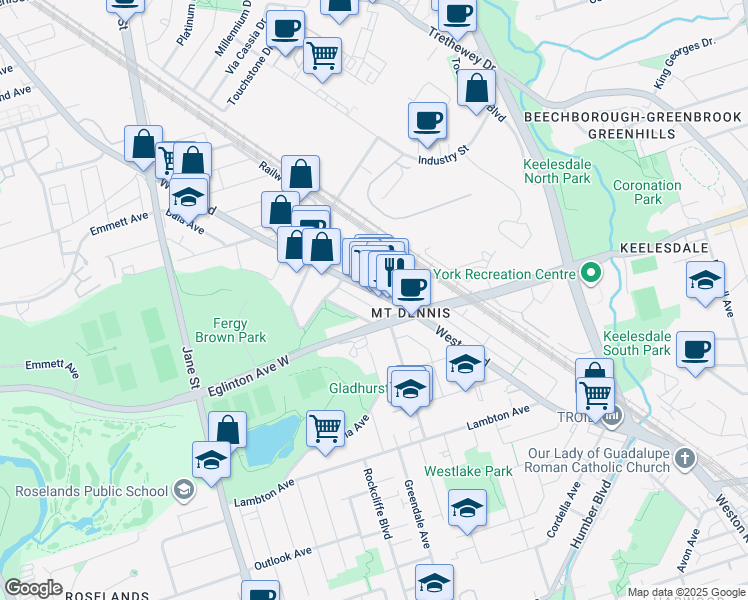 map of restaurants, bars, coffee shops, grocery stores, and more near in Toronto