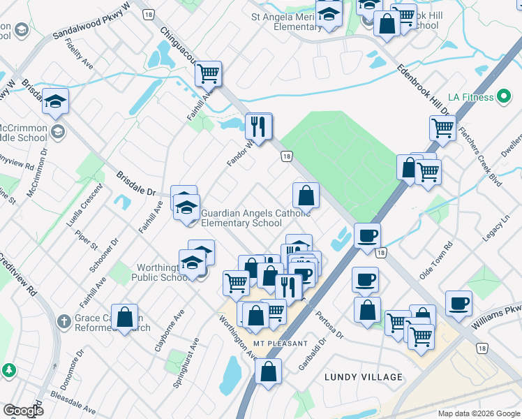 map of restaurants, bars, coffee shops, grocery stores, and more near 28 Waterdale Road in Brampton