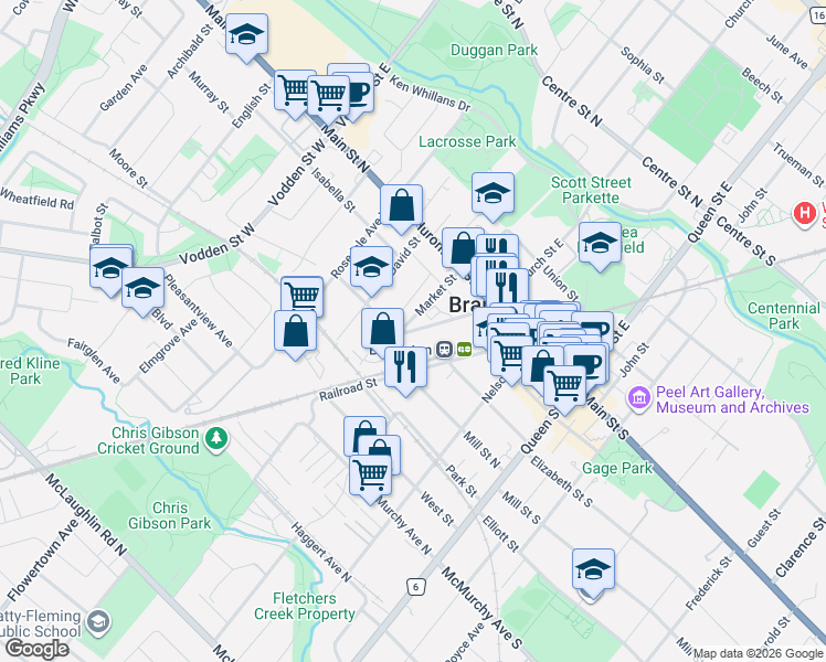 map of restaurants, bars, coffee shops, grocery stores, and more near 31 Church Street West in Brampton