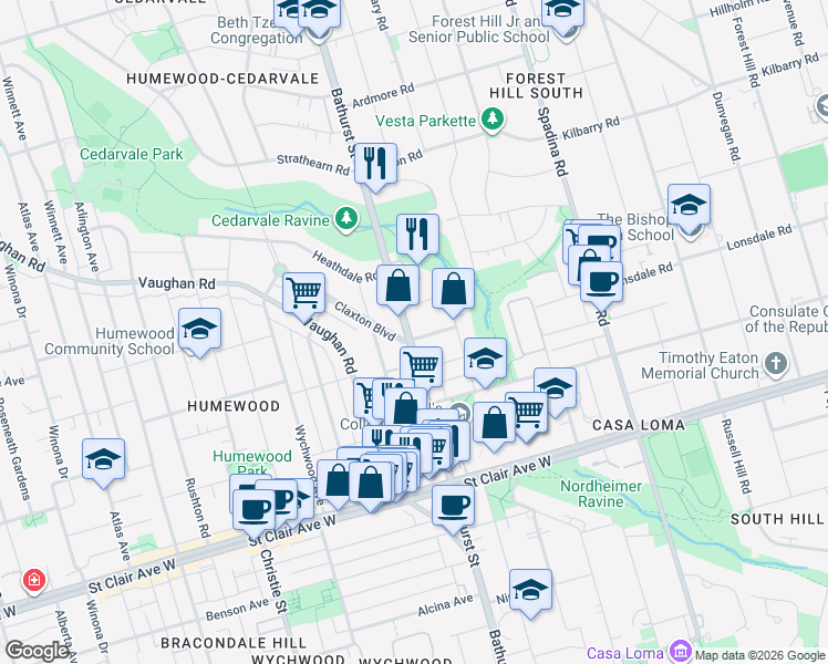 map of restaurants, bars, coffee shops, grocery stores, and more near 1563 Bathurst Street in Toronto