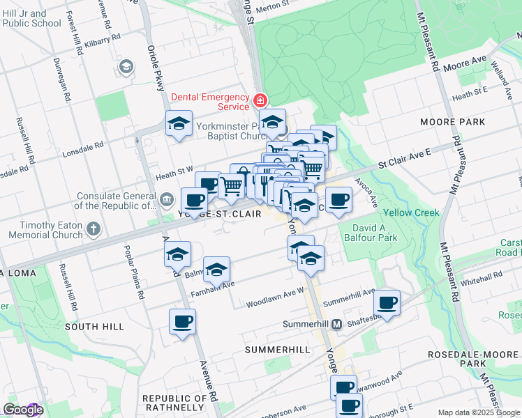 map of restaurants, bars, coffee shops, grocery stores, and more near 45 St Clair Ave W in Toronto