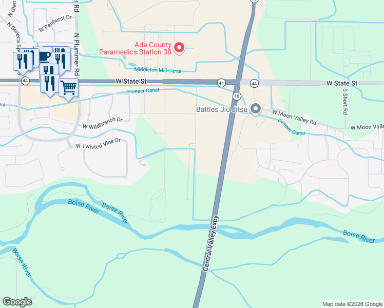 map of restaurants, bars, coffee shops, grocery stores, and more near Highway 16 in Meridian
