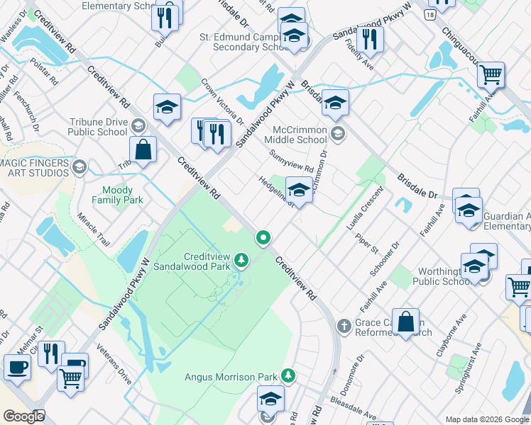 map of restaurants, bars, coffee shops, grocery stores, and more near 11 Lockheed Crescent in Brampton