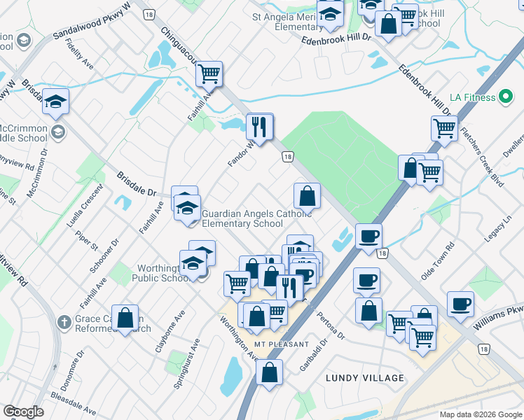 map of restaurants, bars, coffee shops, grocery stores, and more near 26 Waterdale Road in Brampton