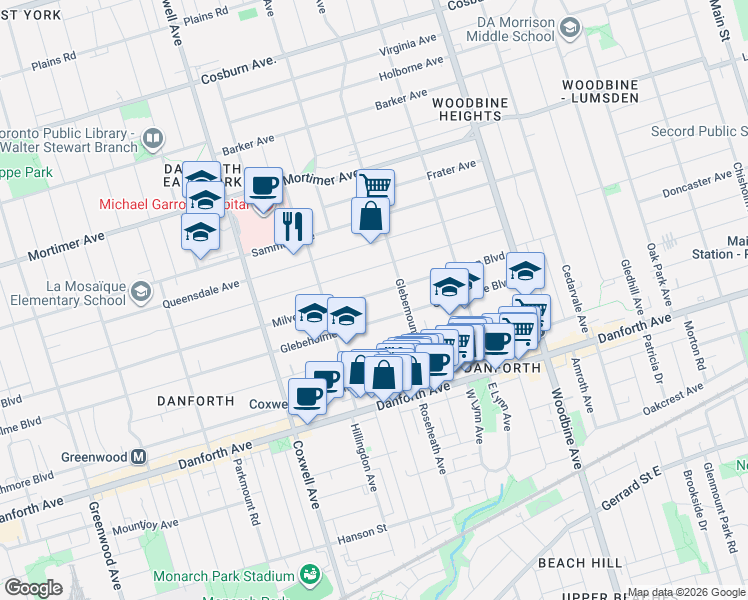 map of restaurants, bars, coffee shops, grocery stores, and more near 549 Milverton Boulevard in Toronto