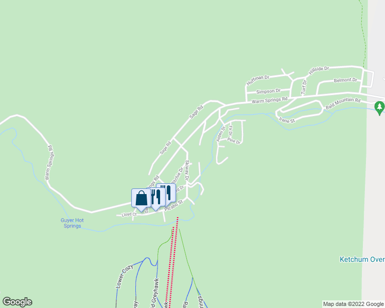 map of restaurants, bars, coffee shops, grocery stores, and more near 211 Skiway Drive in Ketchum