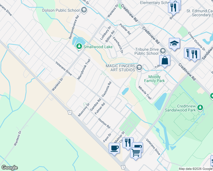 map of restaurants, bars, coffee shops, grocery stores, and more near 26 Gastonia Road in Brampton