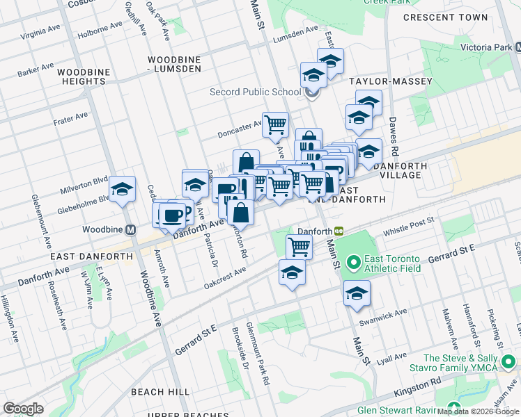 map of restaurants, bars, coffee shops, grocery stores, and more near Danforth Avenue in Toronto