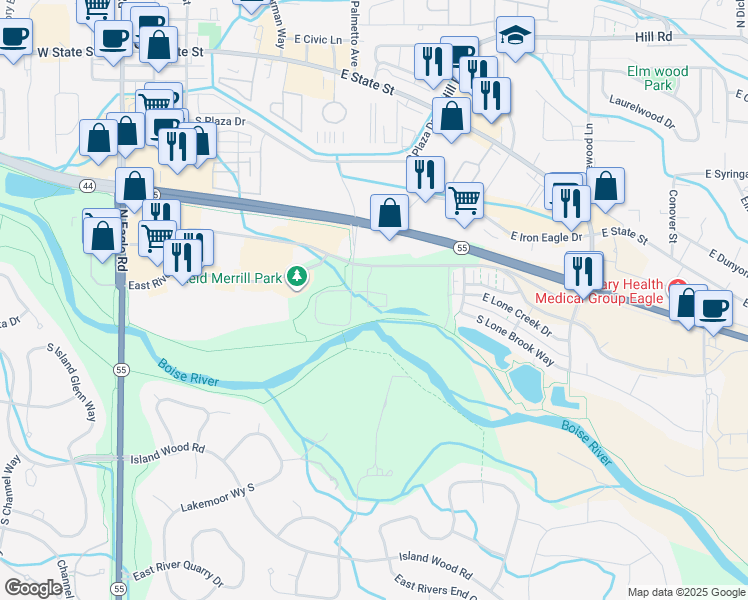 map of restaurants, bars, coffee shops, grocery stores, and more near 827 East Riverside Drive in Eagle