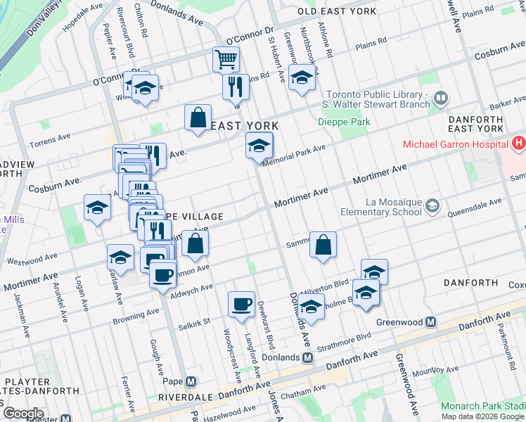 map of restaurants, bars, coffee shops, grocery stores, and more near 216 Donlands Avenue in Toronto