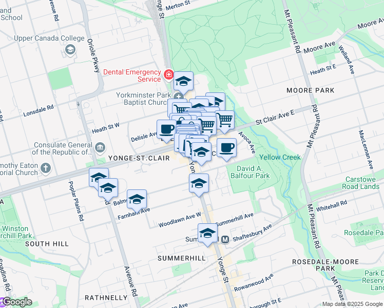 map of restaurants, bars, coffee shops, grocery stores, and more near 25 Saint Clair Avenue East in Toronto