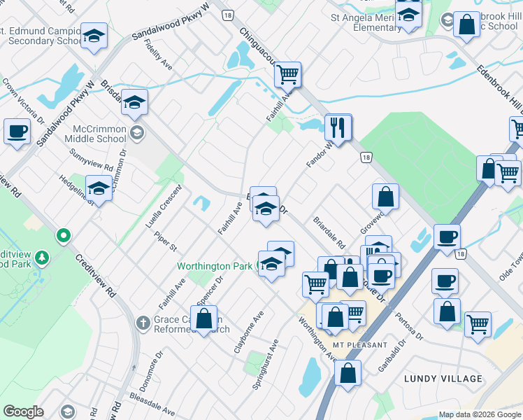 map of restaurants, bars, coffee shops, grocery stores, and more near 136 Brisdale Drive in Brampton