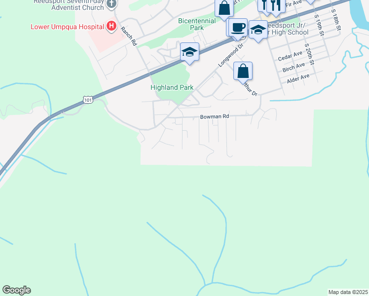 map of restaurants, bars, coffee shops, grocery stores, and more near 910 Bellevue Drive in Reedsport