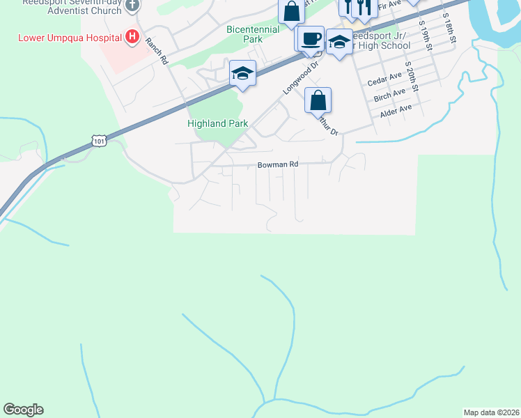 map of restaurants, bars, coffee shops, grocery stores, and more near 1900 Rowe Street in Reedsport