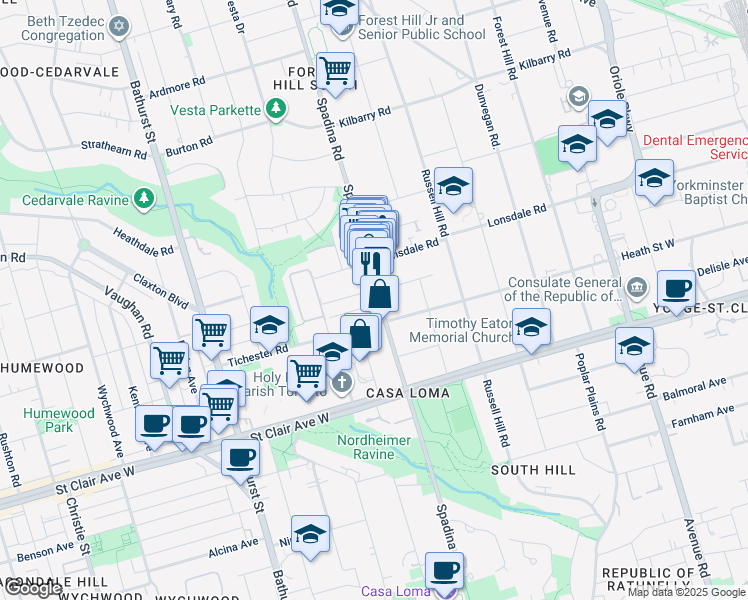 map of restaurants, bars, coffee shops, grocery stores, and more near in Toronto