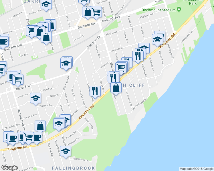 map of restaurants, bars, coffee shops, grocery stores, and more near 13 East Road in Toronto
