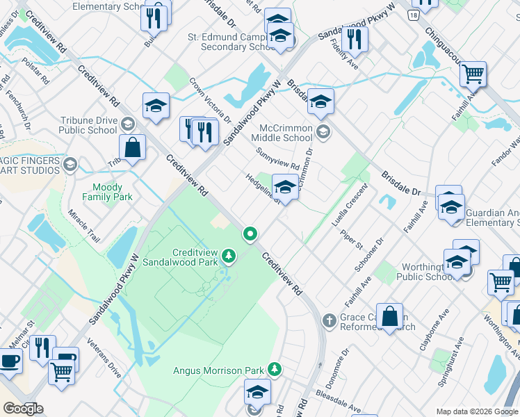 map of restaurants, bars, coffee shops, grocery stores, and more near 11 Lockheed Crescent in Brampton