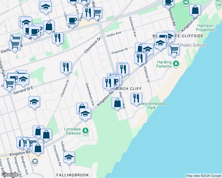 map of restaurants, bars, coffee shops, grocery stores, and more near 1420 Kingston Road in Toronto
