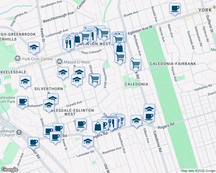 map of restaurants, bars, coffee shops, grocery stores, and more near 9 Donald Avenue in Toronto
