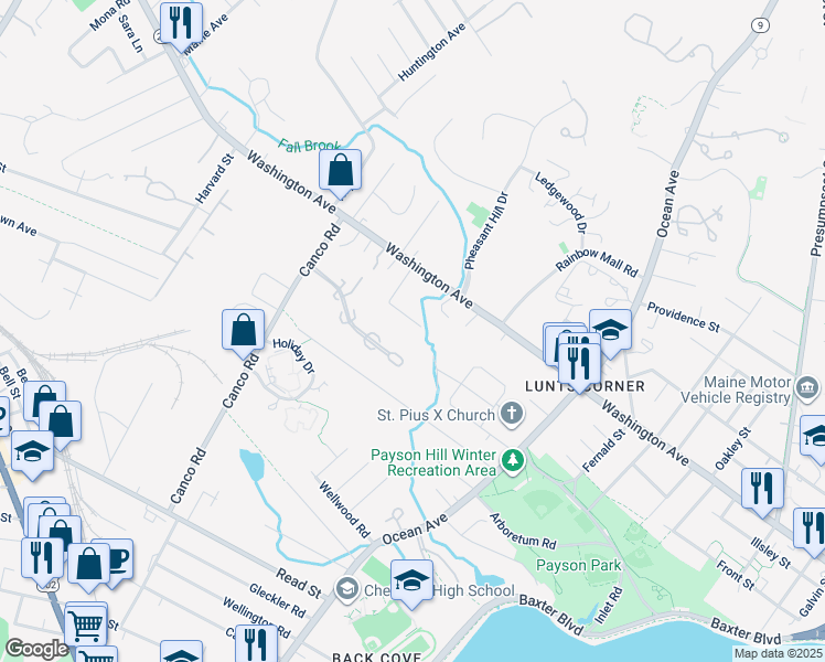 map of restaurants, bars, coffee shops, grocery stores, and more near 69 Fall Brook Street in Portland