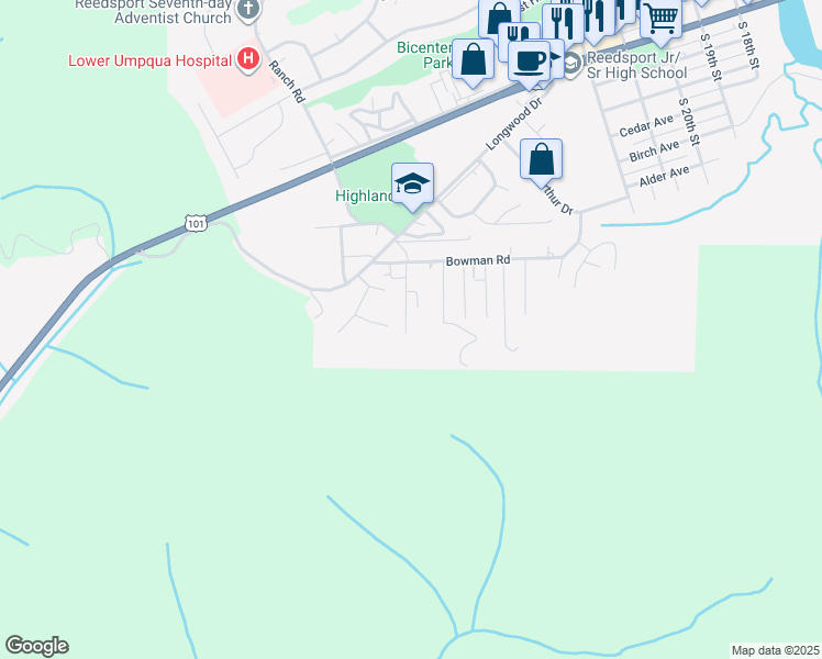 map of restaurants, bars, coffee shops, grocery stores, and more near 910 Bellevue Drive in Reedsport