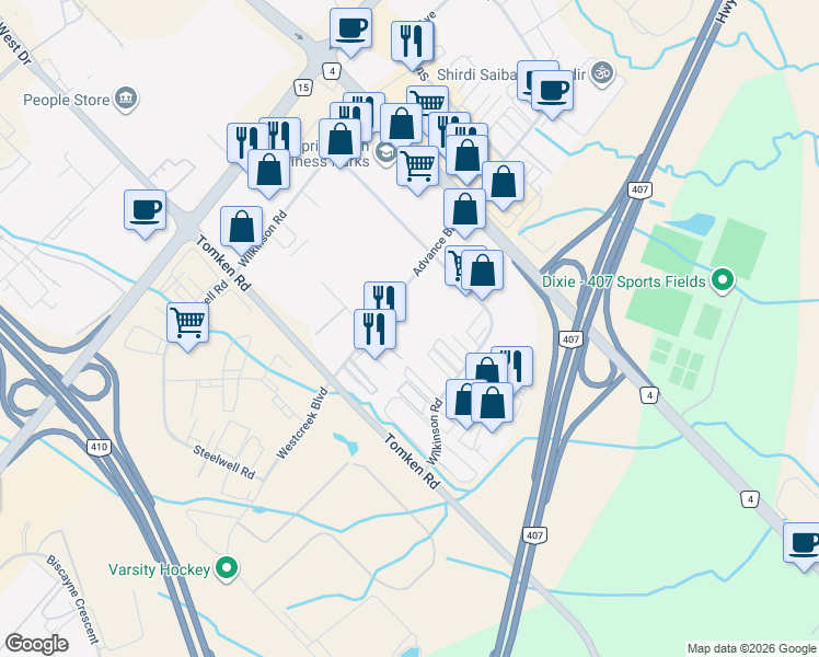 map of restaurants, bars, coffee shops, grocery stores, and more near 227 Advance Boulevard in Brampton