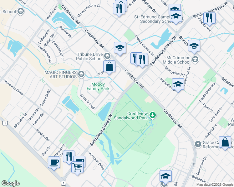 map of restaurants, bars, coffee shops, grocery stores, and more near 10 Vanhorne Close in Brampton