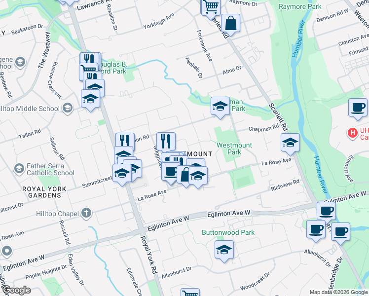 map of restaurants, bars, coffee shops, grocery stores, and more near 2 Renault Crescent in Toronto
