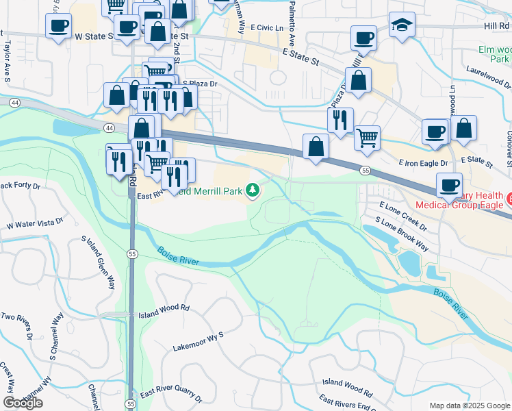 map of restaurants, bars, coffee shops, grocery stores, and more near 637 East Shore Drive in Eagle