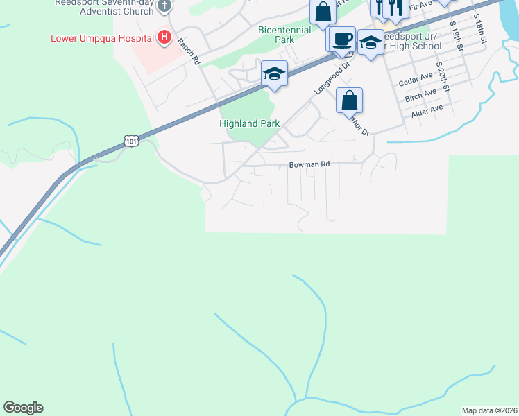 map of restaurants, bars, coffee shops, grocery stores, and more near 3144 Maple Drive in Reedsport